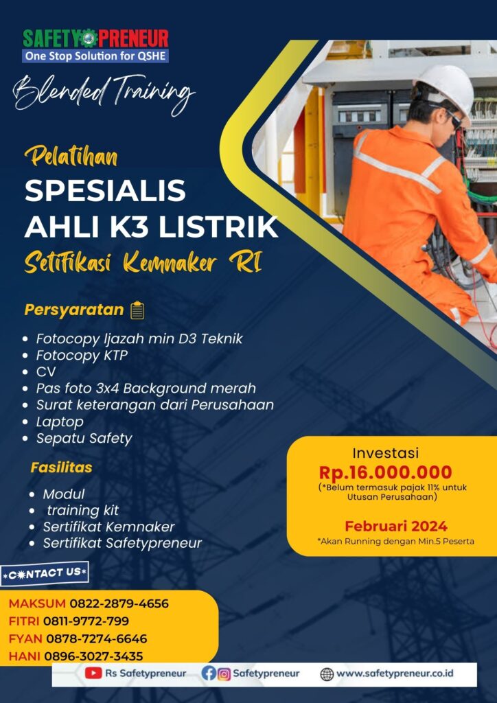 PELATIHAN SPESIALIS AHLI K3 LISTRIK SETIFIKASI KEMNAKER RI